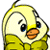 Pixelated yellow cartoon chick with orange beak, black eyes, and a single curved antenna-like protrusion on its head, wearing a matching yellow outfit against white background.