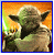Pixelated image of a green-skinned character with large ears holding a glowing lightsaber against an orange background, next to the word 'Yoda' in pixelated text on blue.