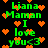 Green pixelated text reading "Liana Maman I love you<3" surrounded by orange heart symbols on a black background.