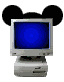 A computer monitor with Mickey Mouse ears displays a sequence of animated patterns including solid blue, smiling face, yellow rays, cyan rays, green rays, pink rays, starbursts, and a cartoon character on a teal background.
