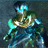 Pixelated figure in dynamic pose holding glowing blue weapon against dark background with teal and green accents.