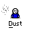 Pixelated figure in blue shirt with four distinct poses, each labeled 'Dust' below on gray background.