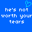 Blue background with white pixelated text reading 'he's not worth your tears' and a cyan pixelated heart symbol above the text.