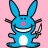 Static pixel art of a blue cartoon bunny with exaggerated features against a pink background, holding a knife and smiling widely.