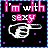 Pixelated animated buddy icon with text and abstract shapes on black background, showing frame-to-frame animation changes in text color and position.
