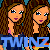 Pixelated image of two identical female figures with long brown hair, blue eyes, and purple lips standing side-by-side against a teal background.