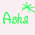 Green, blue, and purple pixelated 'Asha' text with starburst symbols above each version on white background.