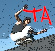 Pixelated static image of a person in mid-air pose with red text 'TA' on blue background, likely an AIM buddy icon from early internet era.