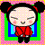 Pixelated cartoon character with pigtails, red jacket, and closed eyes against a pink-and-yellow checkered background with green-blue frame.