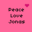 Pixelated text "Peace Love Jonas" on pink background with animated heart and sparkles.