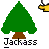 Green tree with brown trunk and white text 'Jackass' below, accompanied by a yellow hand holding a white ball in various positions.