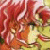 Pixelated image of a flower with red and orange petals, yellow-green background, and visible pixelation artifacts.