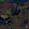 Pixel art scene with two identical cowboy figures on horses, green alien-like creatures holding bottles, and rocky terrain under a dark blue sky.