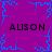Purple background with blue pixelated snowflake patterns and four instances of the text 'ALISON' in black pixelated font.