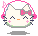 Pixel art of a white cat face with pink bow, closed eyes, and blush marks under gray background.