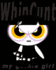 Animated cartoon character with large yellow eyes and black pupils, white face, purple hair, and a black dress with white dots on a black background.