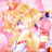 Pixelated image of a character with long blonde hair, pink and white clothing, and a pink background with orange accents.