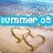 Beach scene with two heart shapes drawn in sand, waves in background, and blue text overlay reading 'summer 09' on the left side.