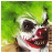 A 48x48 pixel buddy icon featuring a split composition with a green-haired clown on the left and a person's face on the right, accompanied by bold text reading "clowns are evil" below.