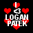 Pixelated red hearts and white text 'I ❤️ LOGAN PATEK' on black background with animated heart movement.