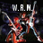 Pixelated image with 'W.R.M.' text above a stylized figure holding two swords against dark background.