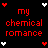 A static contact sheet of two identical animated frames showing red pixelated text "my chemical romance" on a black background with white and red heart icons at corners.