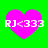 Four identical pink heart-shaped icons with white text "RJ<333" on a green background, arranged in a