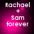 Pixelated text 'Rachael + Sam forever' on a pink-to-black gradient background with subtle light effects.