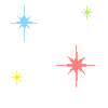 Six pixelated star icons in blue, green, yellow, and red hues arranged on a white background with varying sizes and arm counts.