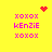 Yellow background with pink text 'xoxox', 'kEnZiE', and 'xoxox' arranged in three , plus red pixelated heart and starburst symbols at top corners