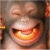 A pixelated close-up of a monkey's face with closed eyes and an open mouth showing teeth, set against a dark background.