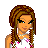 Pixel art of a character with brown braided hair wearing white clothing adorned with pink crosses and holding a light-colored bag.