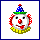 Pixelated clown face with red nose, blue hat, and yellow ruffled collar on white background.