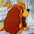 Pixelated cartoon dog with brown body and yellow face, sitting with head turned right, eyes looking up, against a light blue and yellow background.
