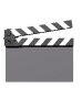 A black-and-white clapperboard icon with striped top section, gray lower section, and visible hinge details