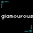 Pixelated blue star icons with dotted trails animate against a black background, repeating the word 'glamourous' in white text.
