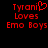Red pixelated text on black background reads 'Tyrani Loves Emo Boys' with a heart symbol replacing the letter 'i' in Tyrani.