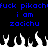 Blue pixelated text on black background with white flame-like shapes at bottom, repeating 'fuck pikachufuck pikachu i am zacichu' in two