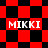 Red and black checkered pattern with four instances of the text "MIKKI" in white pixelated font across different sections.