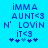 Blue pixelated text on cyan background reads 'iMMA AUNT<3 N' LOVIN it<3' with five asterisk-like symbols below, two versions differ in symbol color.
