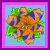 A contact sheet of seven pixel-art flower icons with light blue backgrounds and purple borders, each depicting a different stylized floral design in various colors.