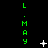 Green vertical text 'L.MAY' repeats on black background with white star-like shapes and dots in motion.
