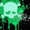 Green and black pixelated icon featuring a skull with heart-shaped eyes, crossbones, and dripping paint effects.