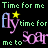 Animated text-based icon with repeated phrases 'Time for me', 'fly time for me to soar' in green and purple lettering, yellow stars on black background.