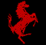 Red horse silhouette, green circular X symbols in various orientations, and a blue lightning bolt on black background.
