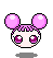 Pixel art head with pink mouse ears, purple eyes, and short pink hair on gray background.
