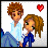 Pixelated cartoon couple with red heart symbol and partial text on pink background.