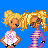 Animated contact sheet of a pixel art character with blonde pigtails in various poses and expressions, displayed over blue background text about shopping friends.
