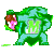 Pixelated green and cyan figure with brown hair, pink mouth, and glowing green 'M' on chest, standing in four sequential poses.