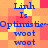 Pixelated text displays 'Linh Is Optimistic~ woot' on a checkered orange-yellow-red background with blue lettering.